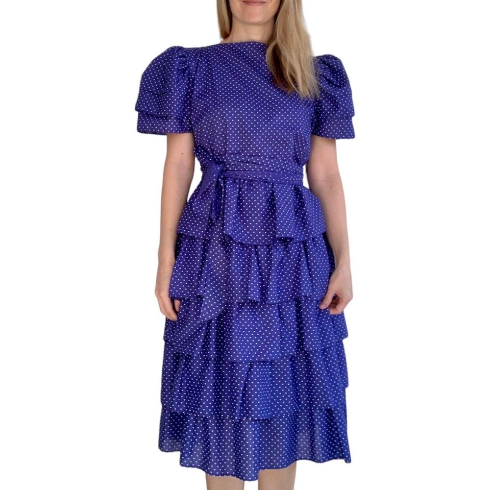 80s Vintage Blue Polka Dot Dress Tiered Short Sleeve XS